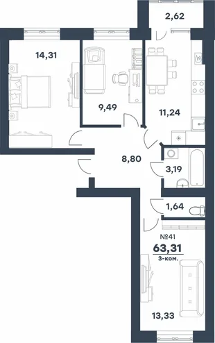 Планировка 3-комн. квартира, 63.31 м² ЖК «мкр. Долина»