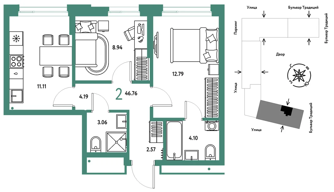 Планировка 2-комн. квартира, 46.76 м² ЖК «Микрорайон Домашний»