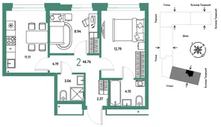 Планировка 2-комн. квартира, 46.76 м² ЖК «Микрорайон Домашний»