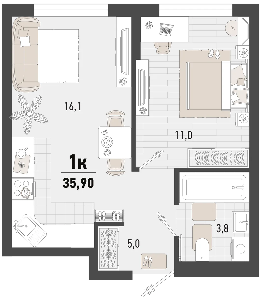Планировка 1-комн. квартира, 35.9 м² ЖК «Барса»