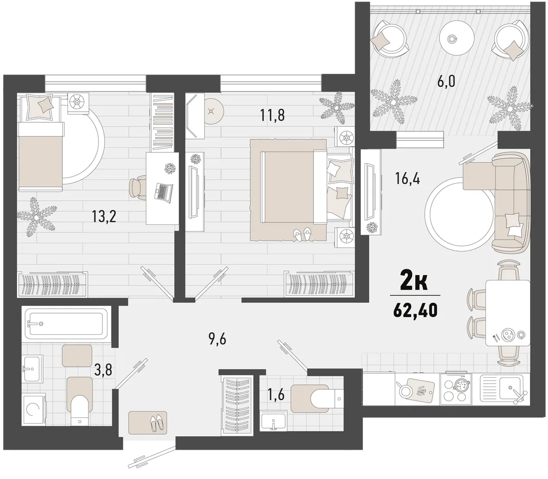 Планировка 2-комн. квартира, 62.4 м² ЖК «Барса»