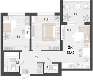 Планировка 2-комн. квартира, 62.4 м² ЖК «Барса»