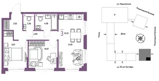 Планировка 3-комн. квартира, 52.51 м² ЖК «Сердце Сибири»