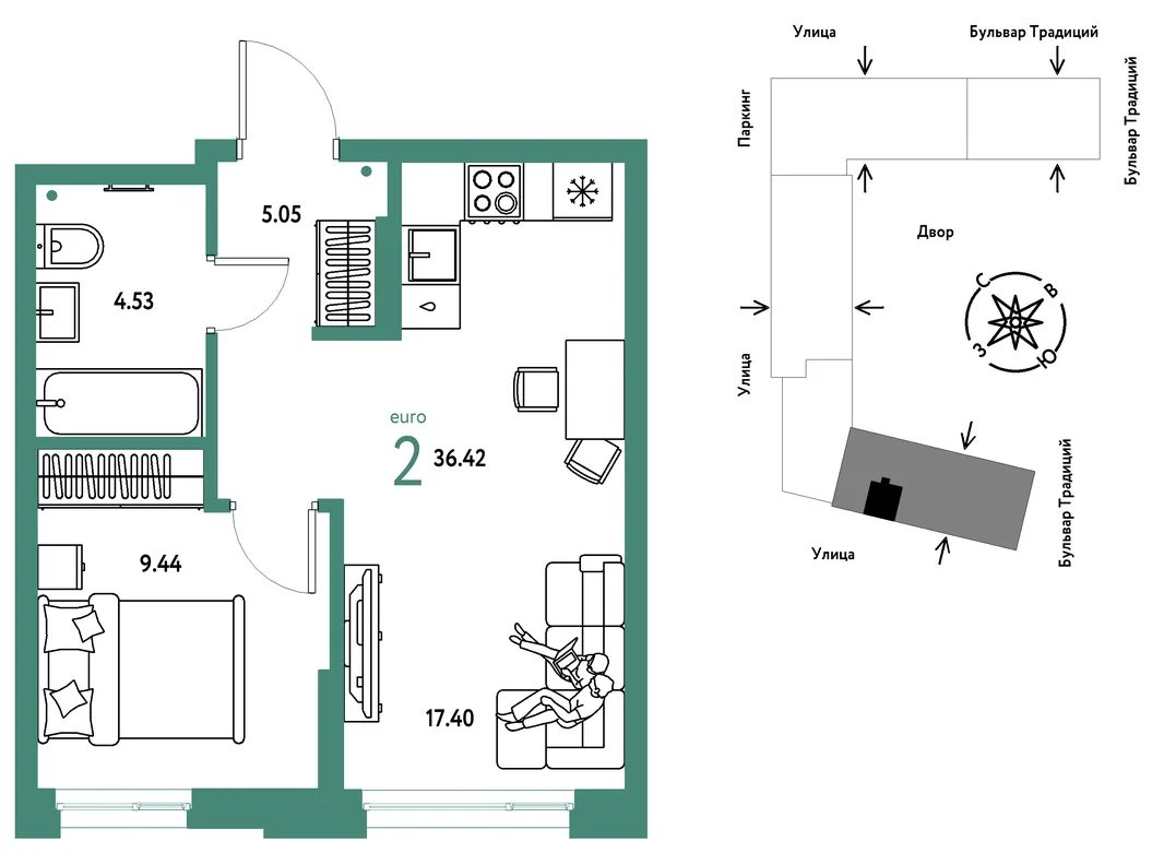 Планировка 2-комн. квартира, 36.42 м² ЖК «Микрорайон Домашний»