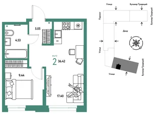 Планировка 2-комн. квартира, 36.42 м² ЖК «Микрорайон Домашний»