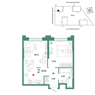 Планировка 2-комн. квартира, 39.3 м² ЖК «Микрорайон Звездный»