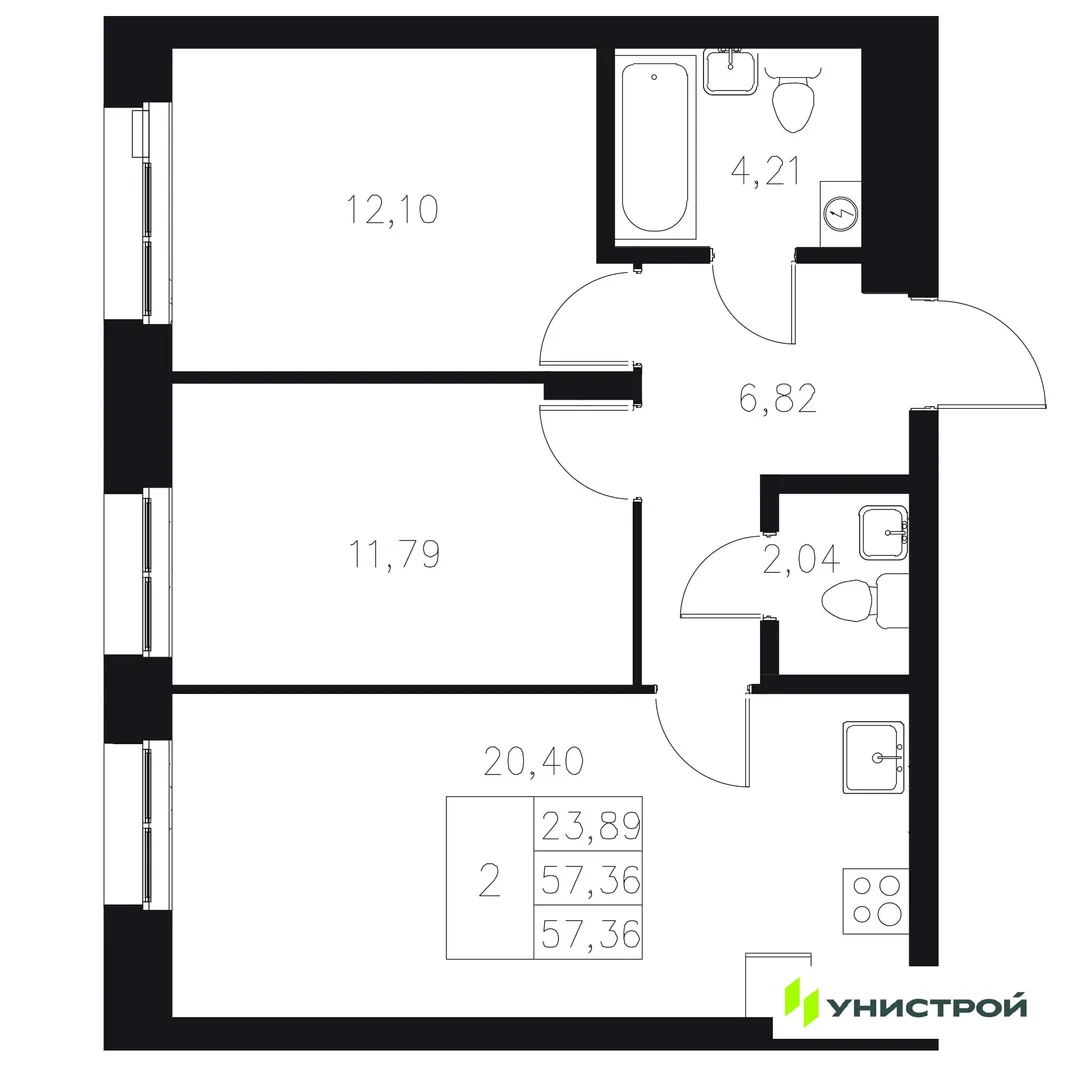 Планировка 2-комн. квартира, 57.36 м² ЖК «Statum»