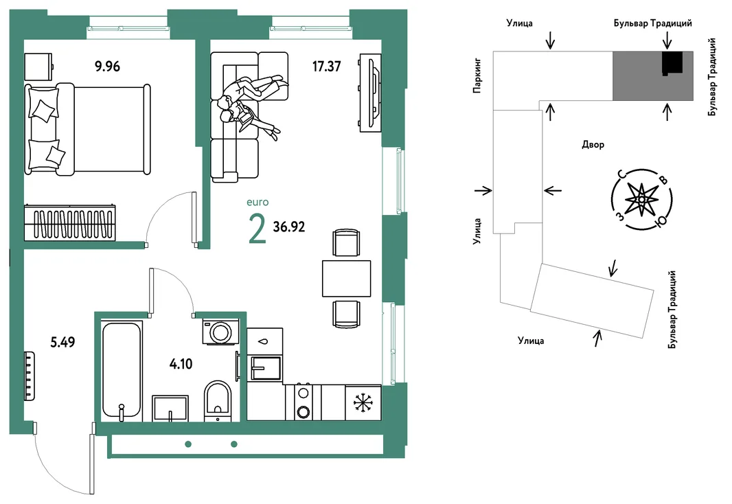 Планировка 2-комн. квартира, 36.92 м² ЖК «Микрорайон Домашний»