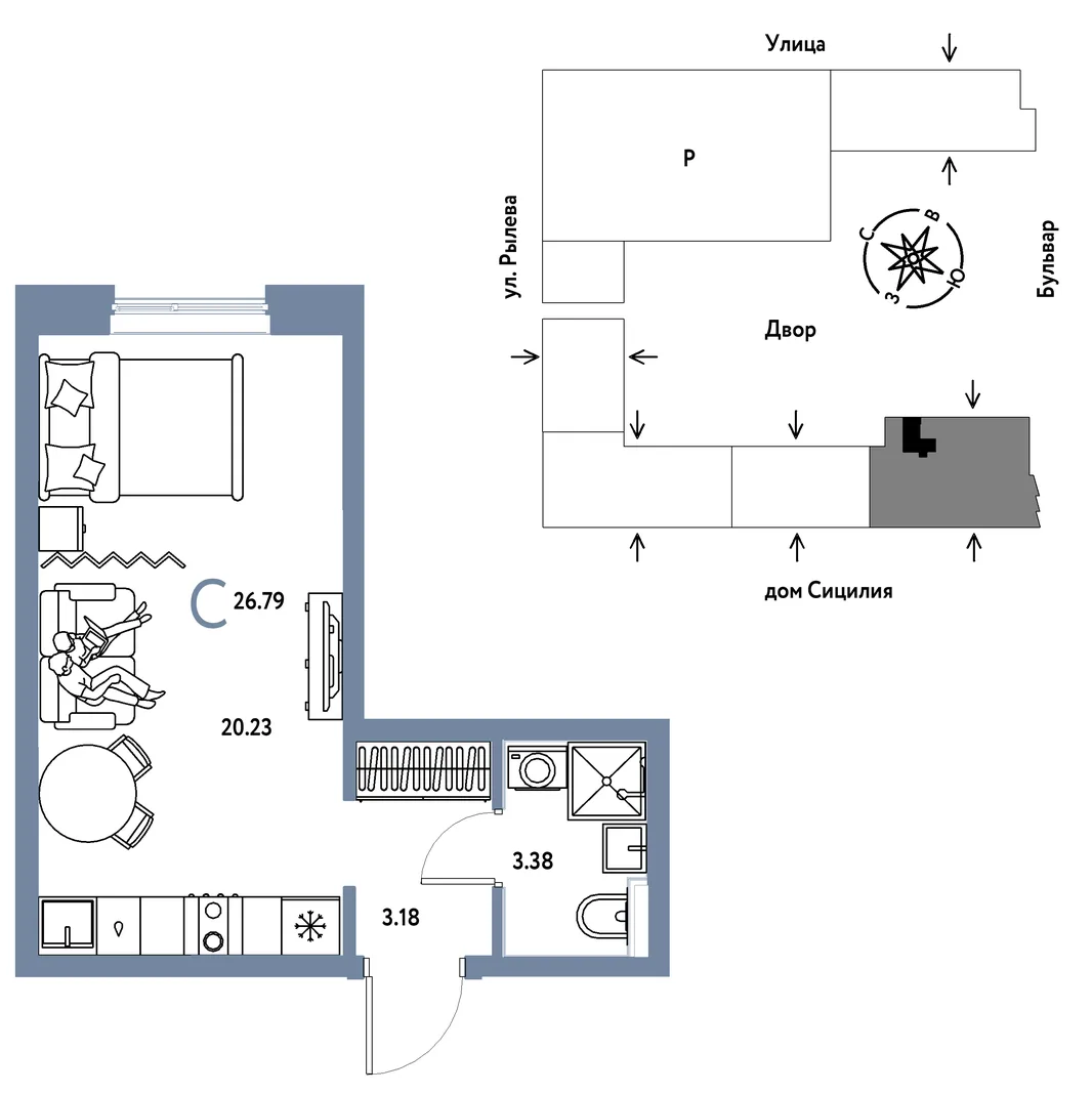 Планировка Студия, 26.79 м² ЖК «Остров-сад»