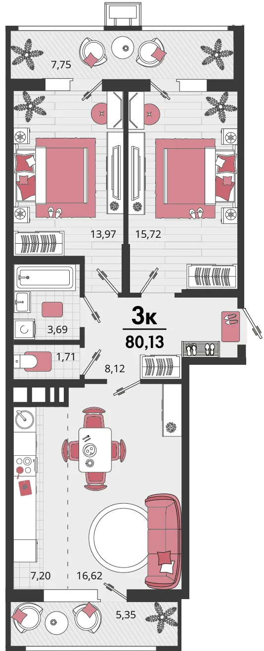 Планировка 3-комн. квартира, 80.12 м² ЖК «Родные просторы»