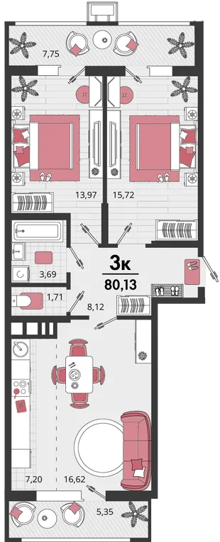 Планировка 3-комн. квартира, 80.12 м² ЖК «Родные просторы»