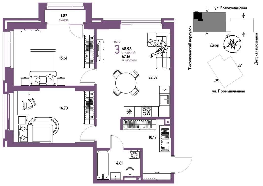 Планировка 3-комн. квартира, 68.98 м² ЖК «Страна Прибрежная»