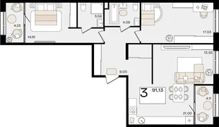 Планировка 3-комн. квартира, 91.13 м² ЖК «Патрики»