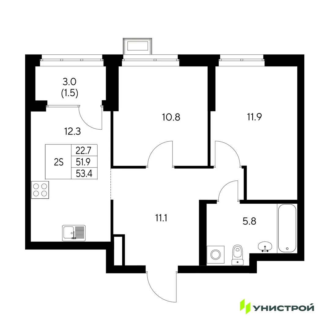 Планировка 2-комн. квартира, 53.4 м² ЖК «Стадиум»