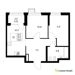 Планировка 2-комн. квартира, 53.4 м² ЖК «Стадиум»