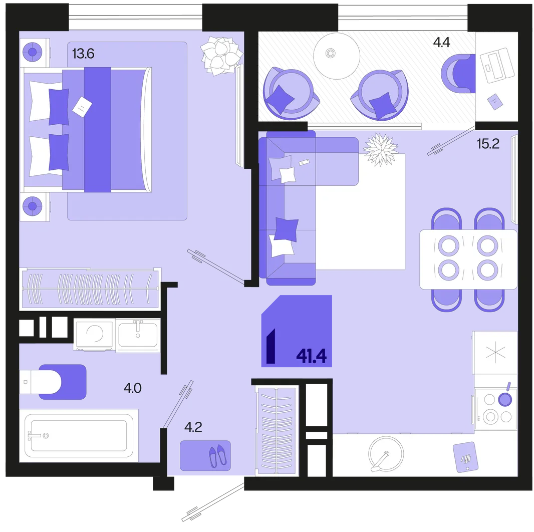 Планировка 1-комн. квартира, 41.4 м² ЖК «Первое место»