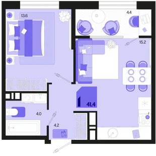 Планировка 1-комн. квартира, 41.4 м² ЖК «Первое место»