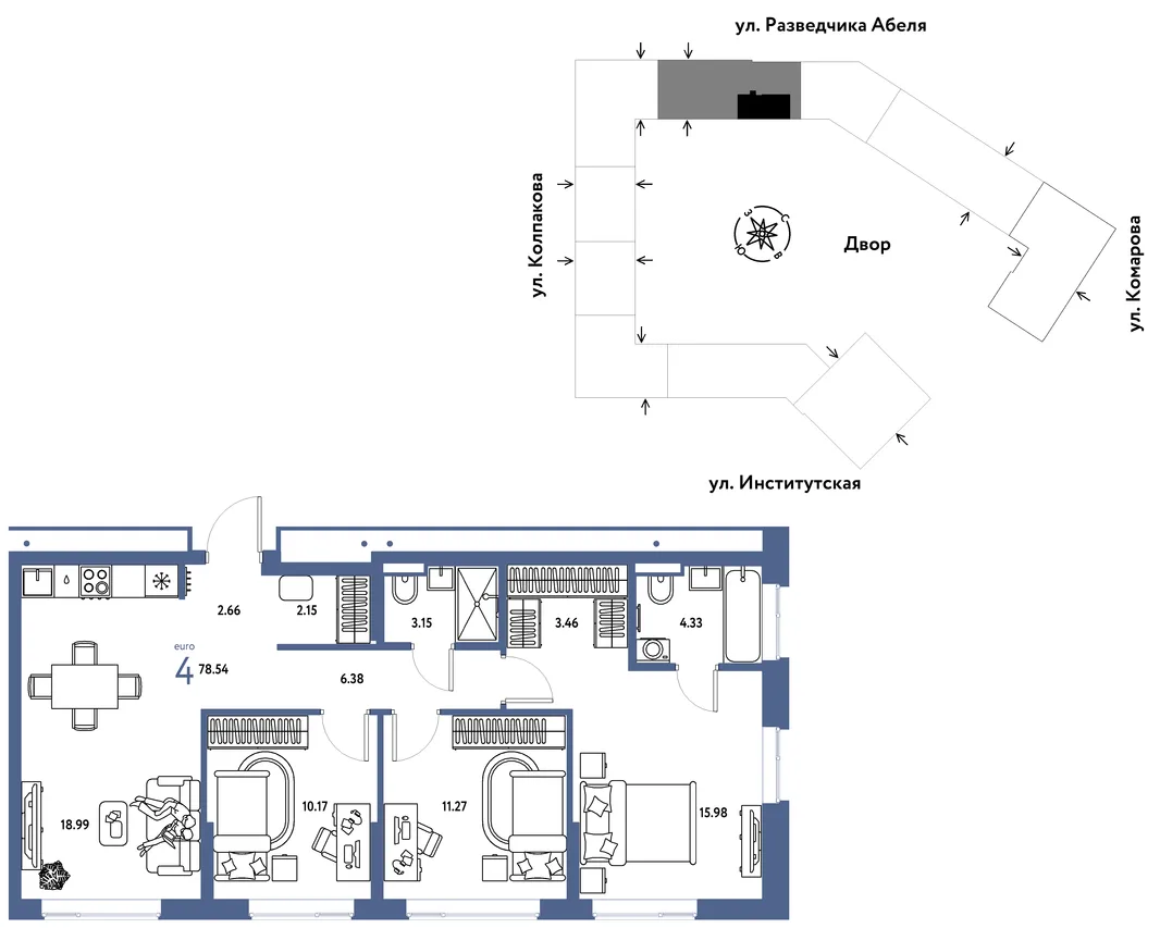 Планировка 4-комн. квартира, 78.54 м² ЖК «Страна.Парковая»