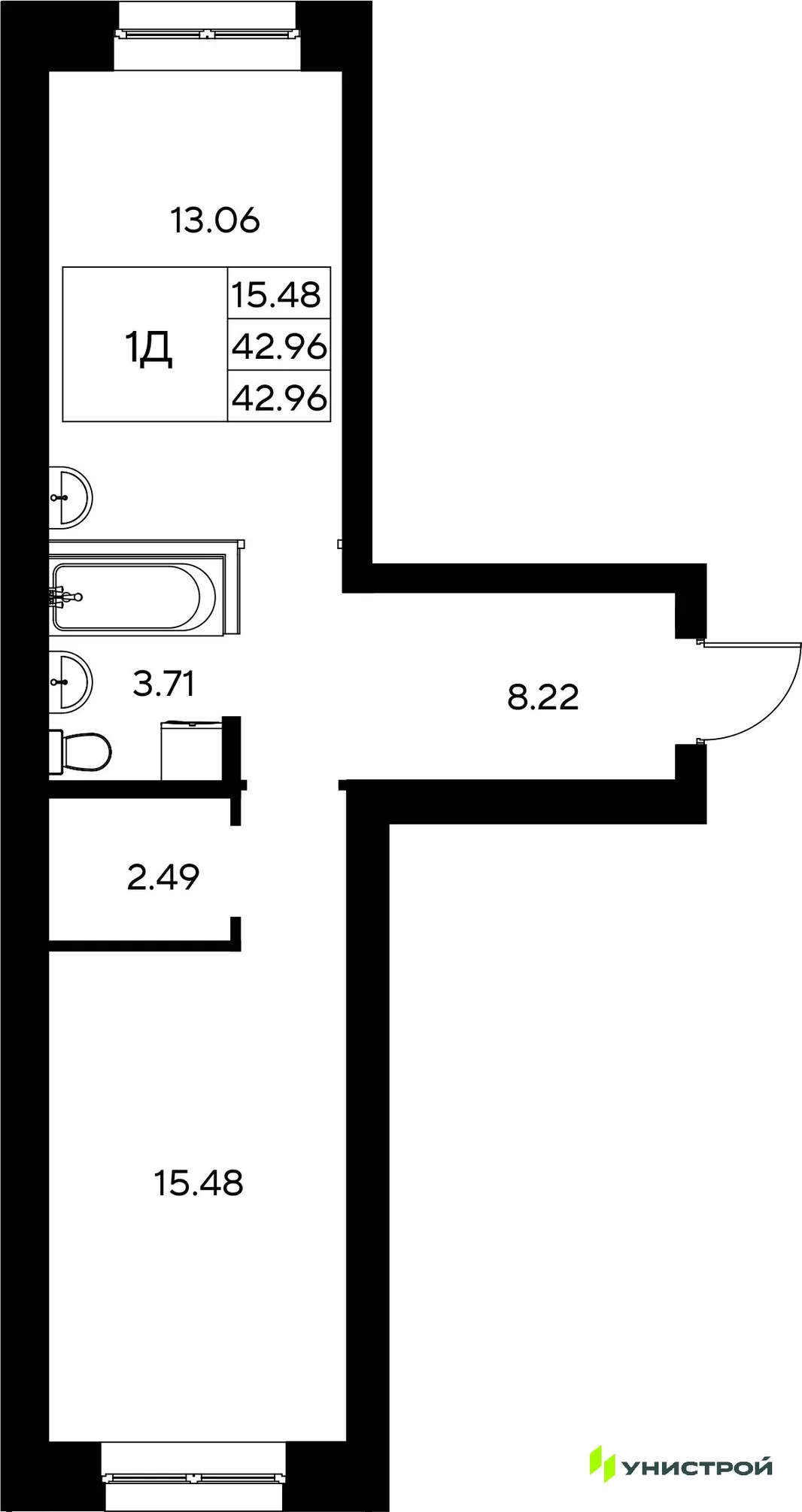 Планировка 1-комн. квартира, 42.96 м² ЖК «Царёво City»