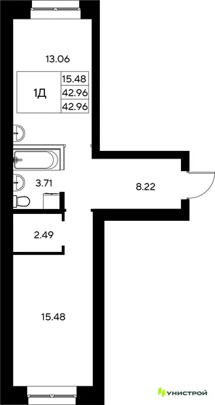 Планировка 1-комн. квартира, 42.96 м² ЖК «Царёво City»