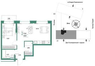 Планировка 2-комн. квартира, 51.66 м² ЖК «Микрорайон Домашний»