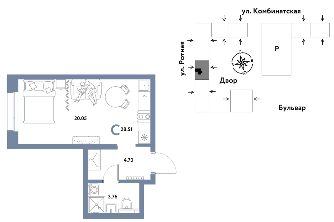 Планировка Студия, 28.47 м² ЖК «Уральский сад»