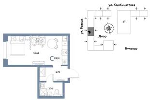 Планировка Студия, 28.47 м² ЖК «Уральский сад»