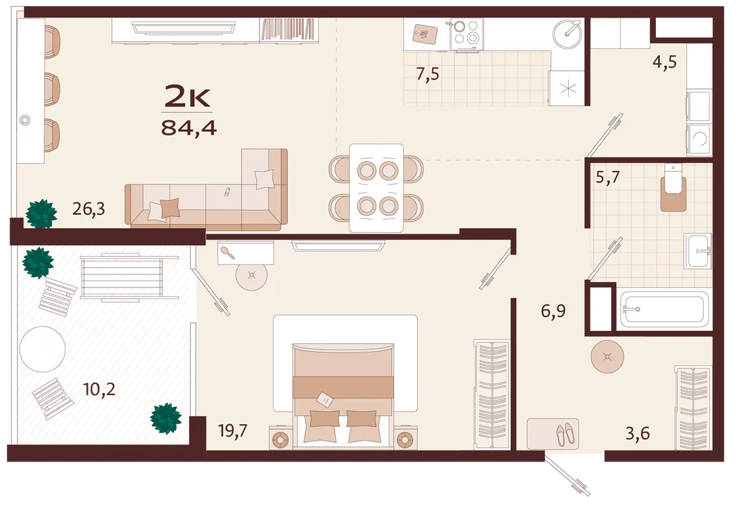 Планировка 2-комн. квартира, 84.4 м² ЖК «Роялта»