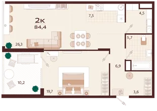 Планировка 2-комн. квартира, 84.4 м² ЖК «Роялта»