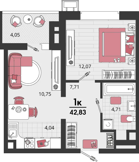 Планировка 2-комн. квартира, 42.83 м² ЖК «Родные просторы»