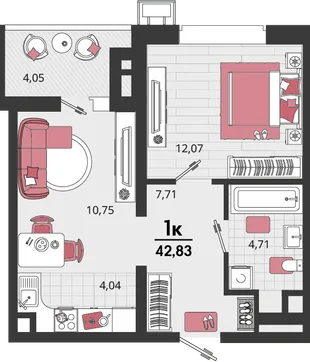 Планировка 2-комн. квартира, 42.83 м² ЖК «Родные просторы»