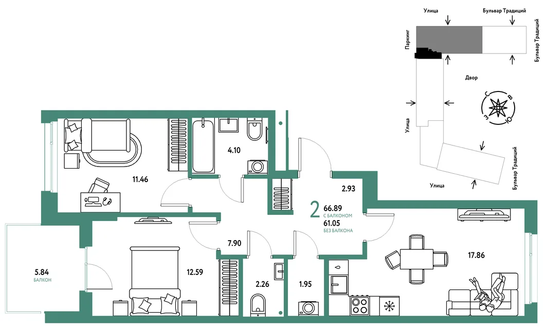 Планировка 2-комн. квартира, 66.89 м² ЖК «Микрорайон Домашний»