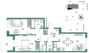 Планировка 2-комн. квартира, 66.89 м² ЖК «Микрорайон Домашний»