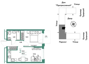 Планировка 2-комн. квартира, 37.31 м² ЖК «Микрорайон Домашний»