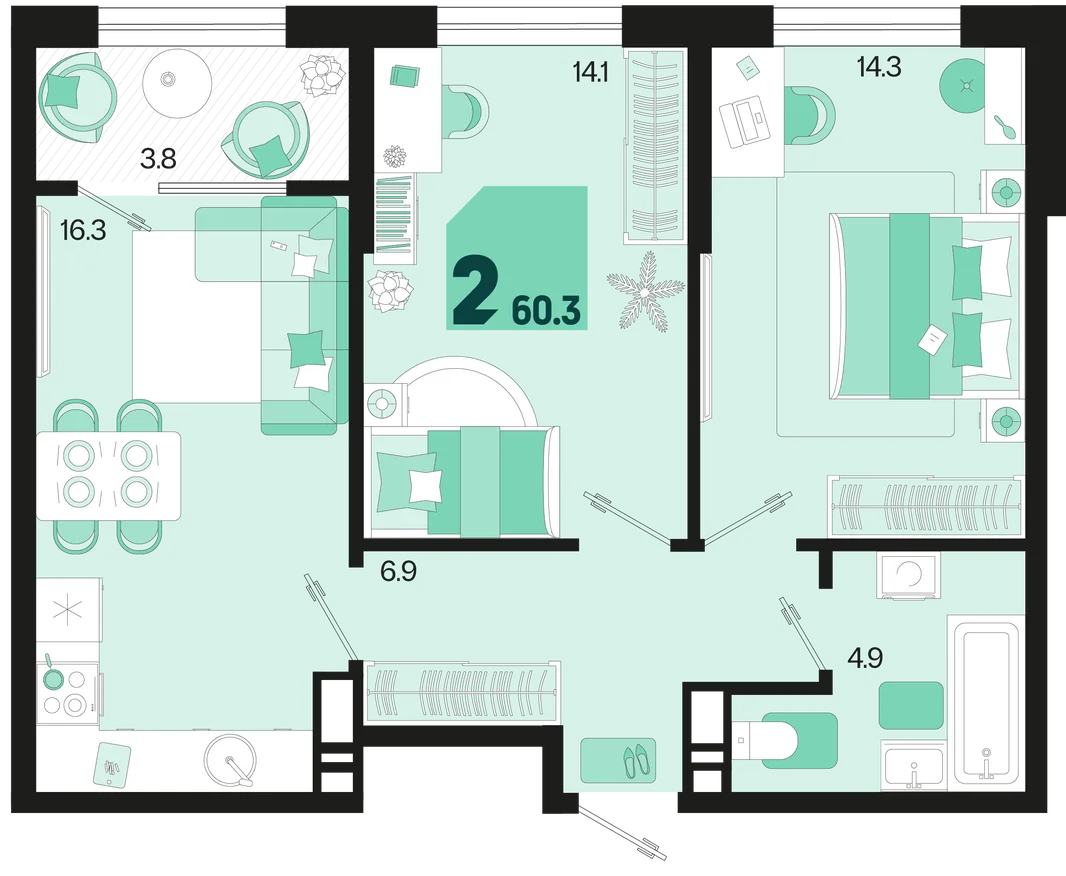 Планировка 2-комн. квартира, 60.3 м² ЖК «Первое место»