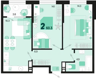 Планировка 2-комн. квартира, 60.3 м² ЖК «Первое место»
