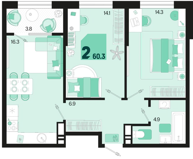 Планировка 2-комн. квартира, 60.3 м² ЖК «Первое место» Планировка 2-комн. квартира, 60.3 м² ЖК «Первое место»