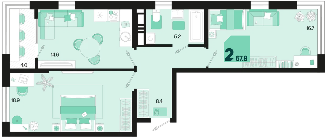 Планировка 2-комн. квартира, 67.8 м² ЖК «Первое место»