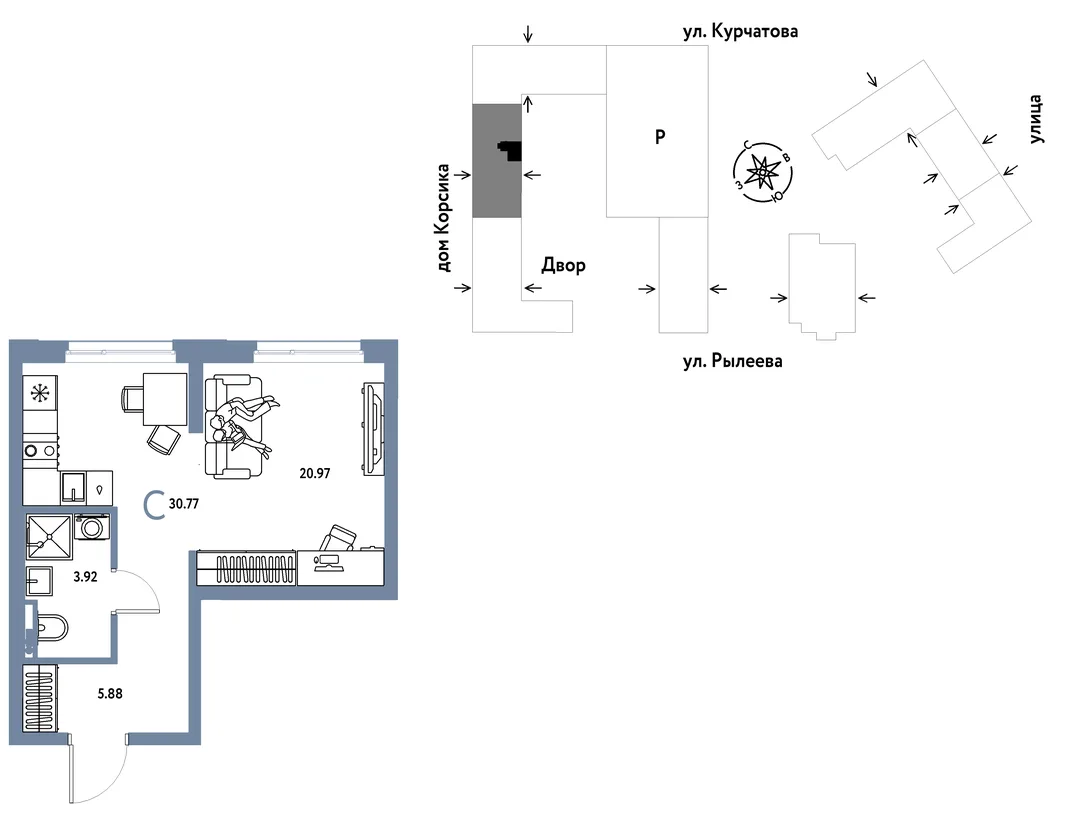 Планировка Студия, 30.77 м² ЖК «Остров-сад»