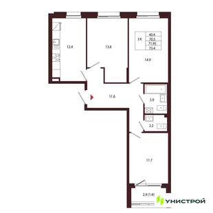 Планировка 3-комн. квартира, 71.95 м² ЖК «Лисино»