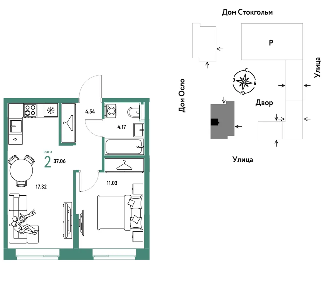 Планировка 2-комн. квартира, 37.06 м² ЖК «Европейский берег 2.0»