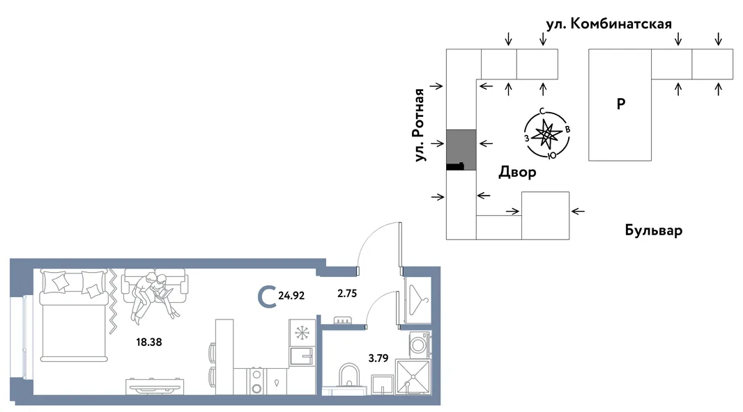 Планировка Студия, 24.81 м² ЖК «Уральский сад»