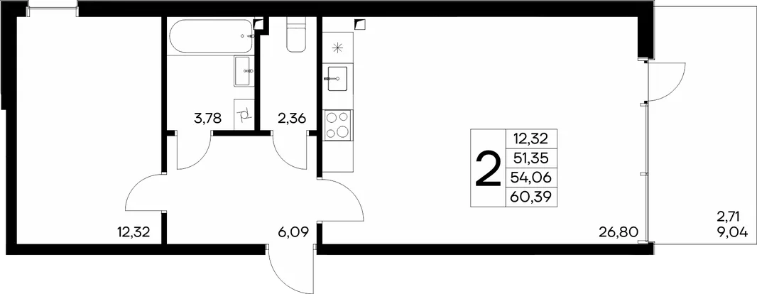 Планировка 2-комн. квартира, 60.39 м² ЖК «Розовое озеро»
