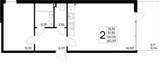 Планировка 2-комн. квартира, 60.39 м² ЖК «Розовое озеро»