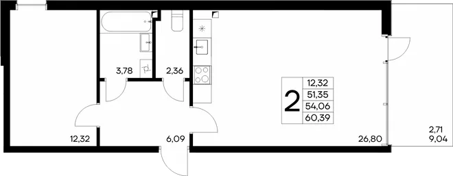 Планировка 2-комн. квартира, 60.39 м² ЖК «Розовое озеро»
