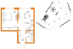 Планировка 1-комн. квартира, 35.33 м² ЖК «Страна.Парковая»