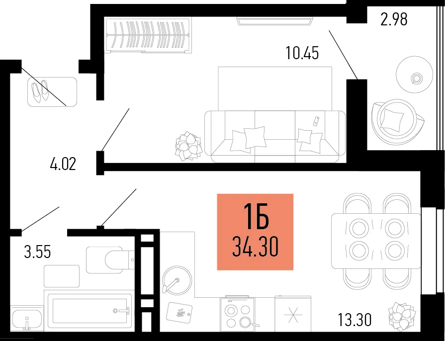 Планировка 1-комн. квартира, 34.3 м² ЖК «Столицыно»