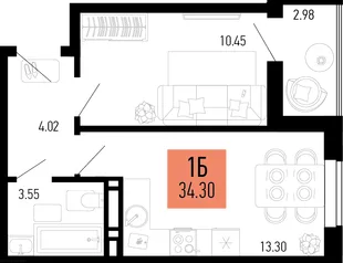 Планировка 1-комн. квартира, 34.3 м² ЖК «Столицыно»
