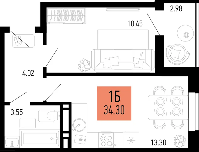 Планировка 1-комн. квартира, 34.3 м² ЖК «Столицыно» Планировка 1-комн. квартира, 34.3 м² ЖК «Столицыно»