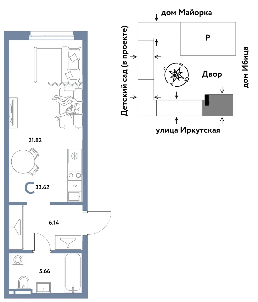 Планировка Студия, 33.62 м² ЖК «Остров-сад»